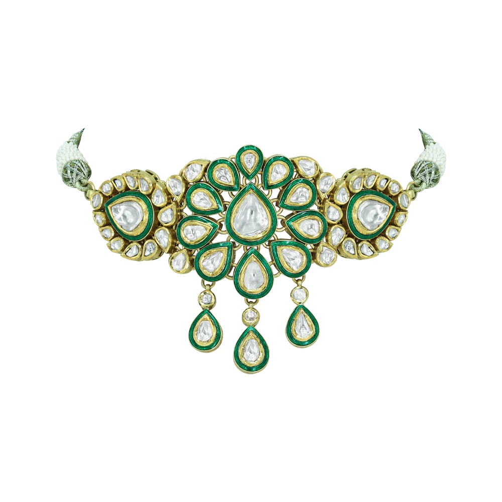 Polki Choker with Green Enamel, Floral Motif, and Teardrop Motif
